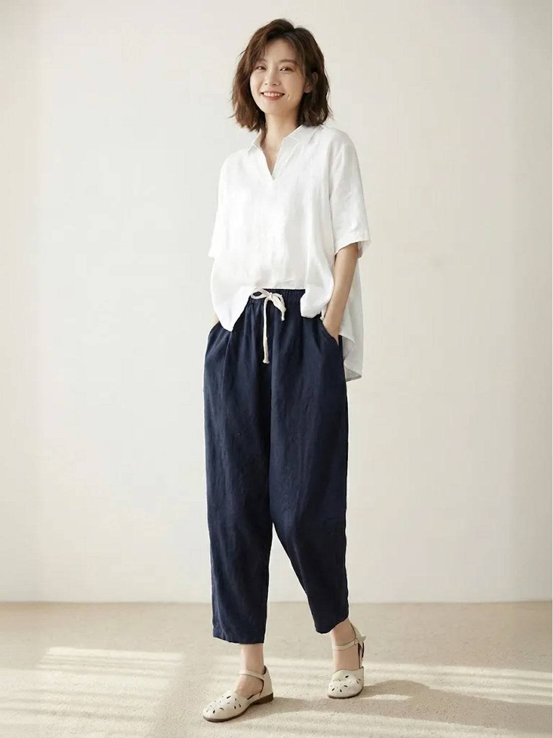 Linen Drawstring Pants Women's Straight Leg Casual