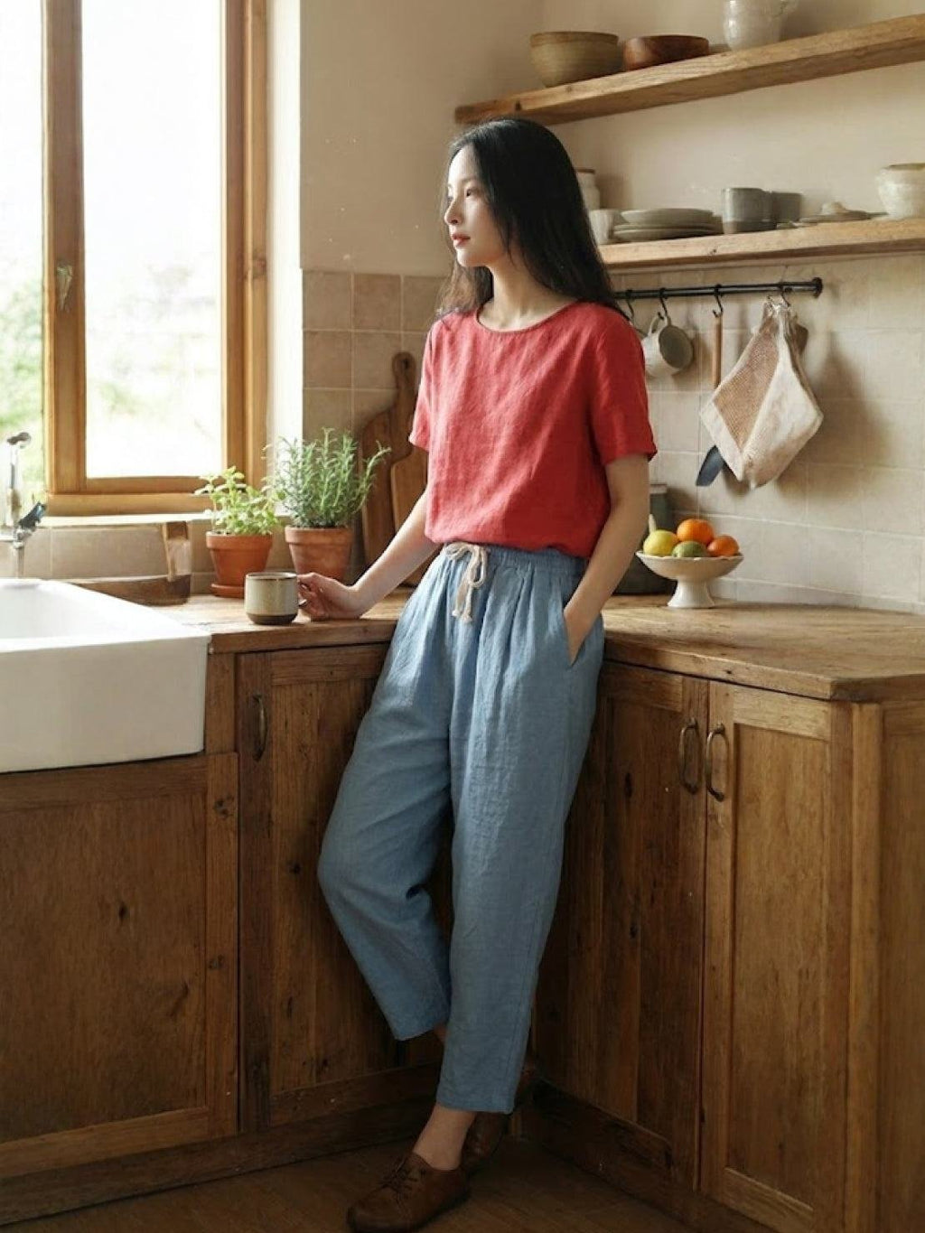 Linen Drawstring Pants Women's Straight Leg Casual