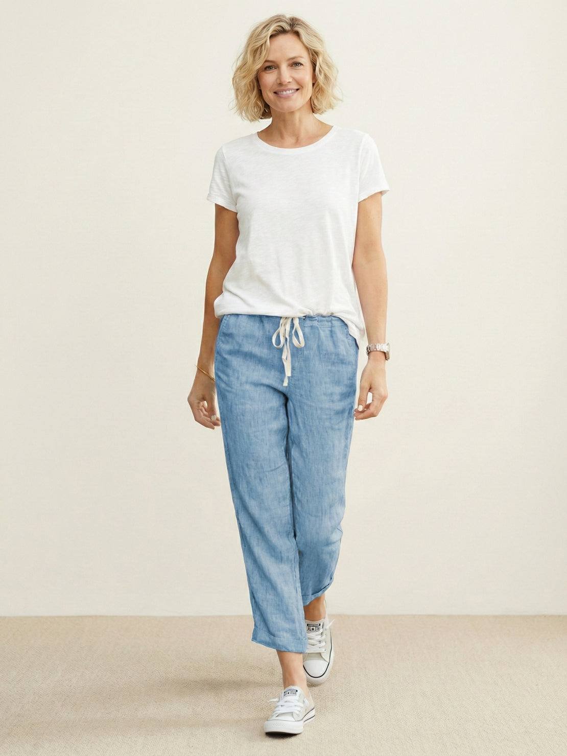 Linen Drawstring Pants Women's Straight Leg Casual