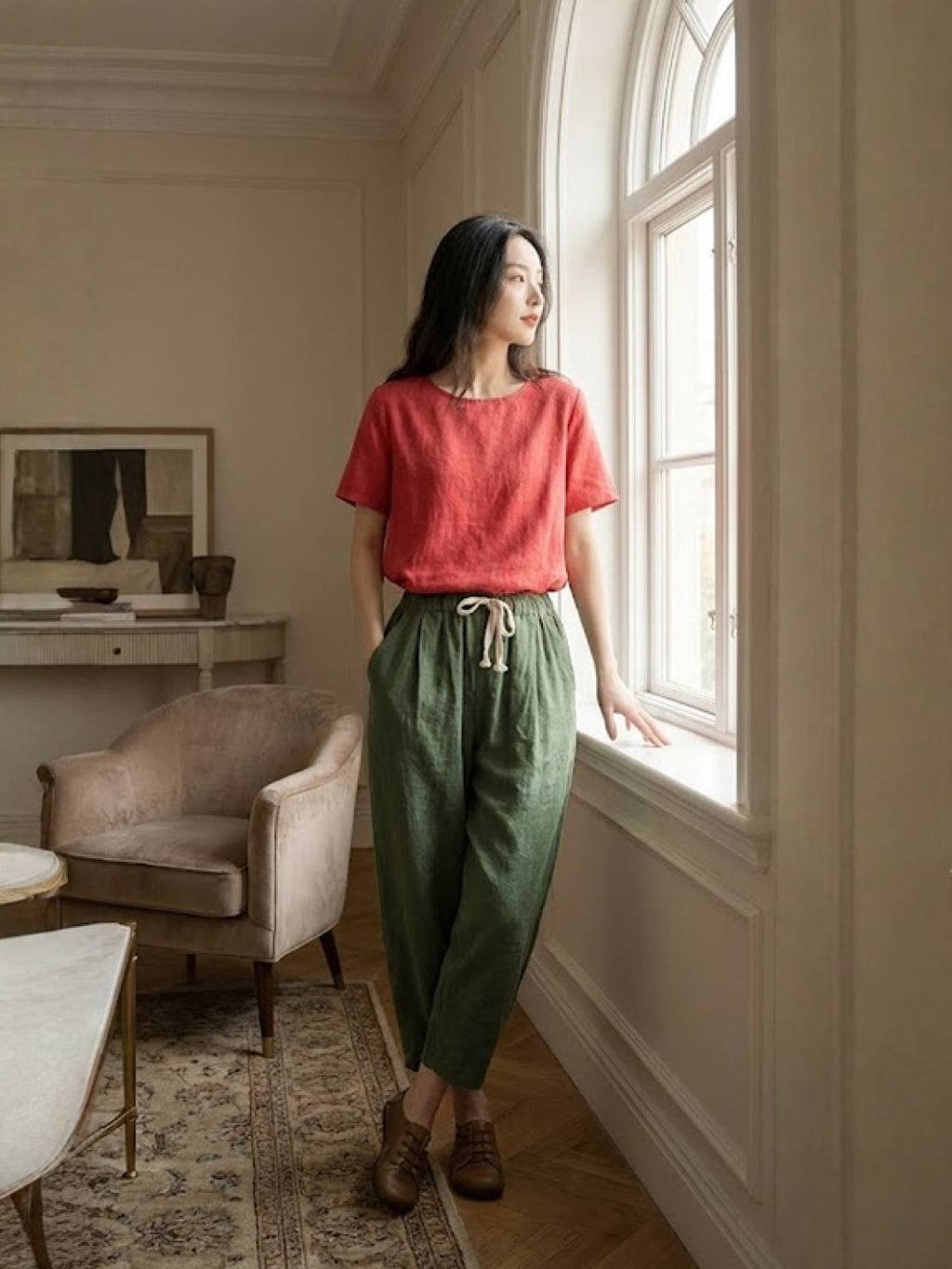 Linen Drawstring Pants Women's Straight Leg Casual