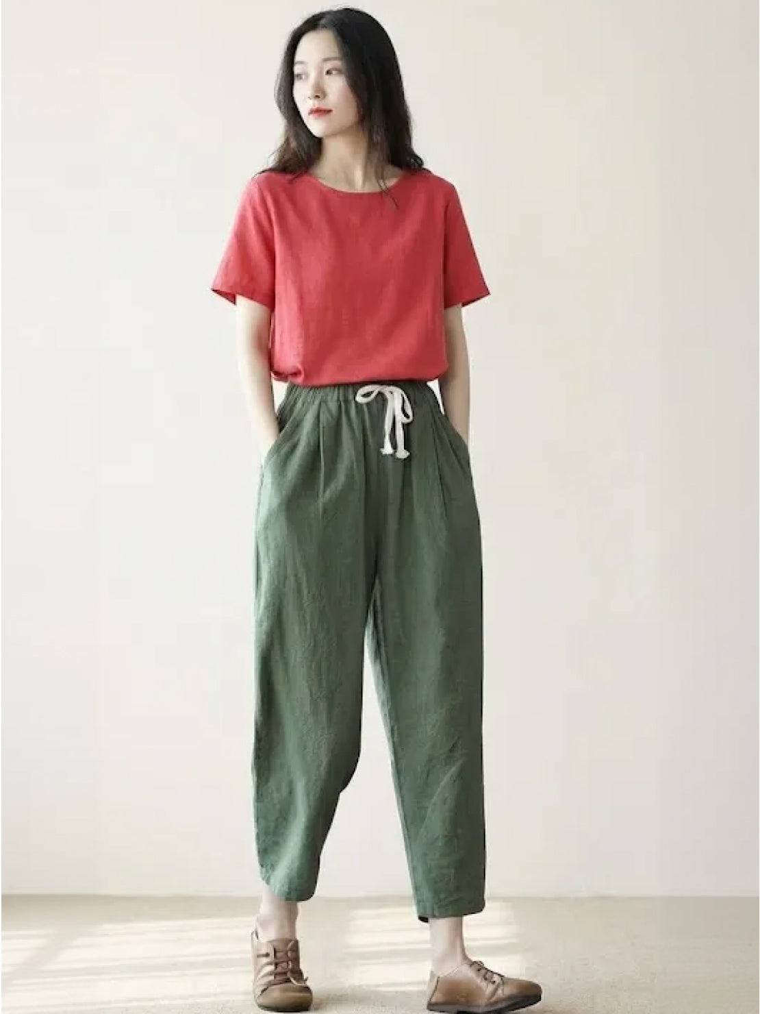 Linen Drawstring Pants Women's Straight Leg Casual