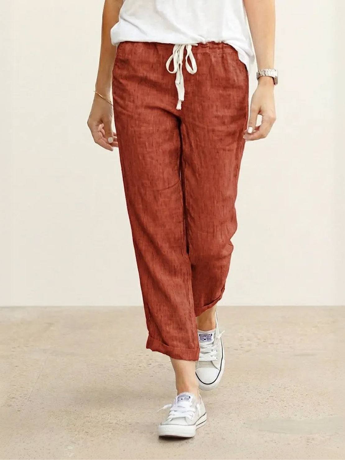 Linen Drawstring Pants Women's Straight Leg Casual - Rusty Orange