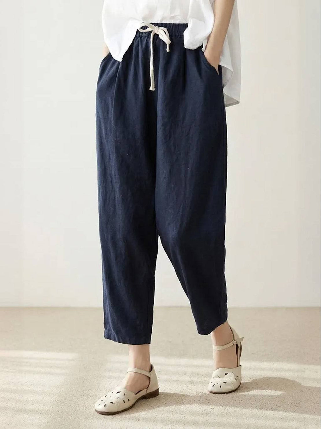 Linen Drawstring Pants Women's Straight Leg Casual - Navy Blue