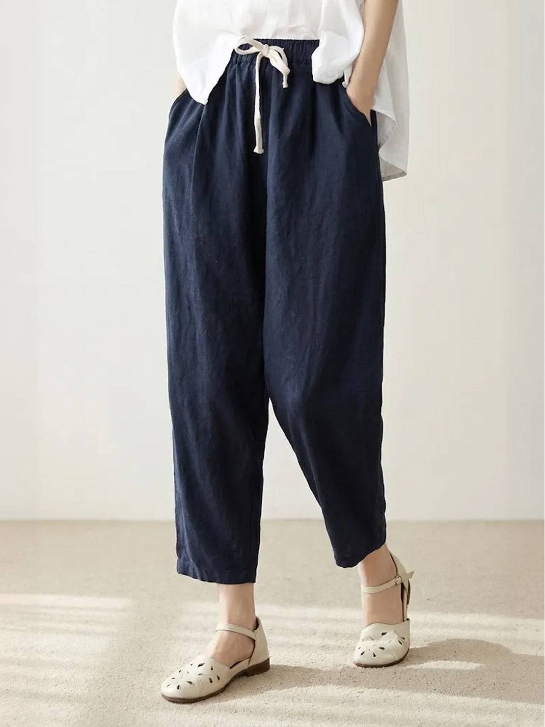 Linen Drawstring Pants Women's Straight Leg Casual - Navy Blue