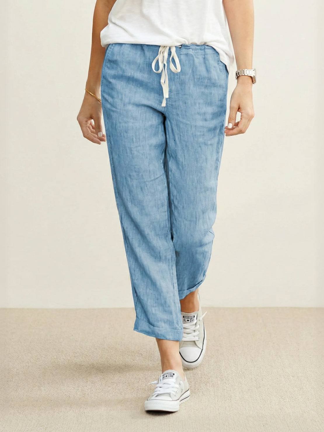 Linen Drawstring Pants Women's Straight Leg Casual - Light Blue