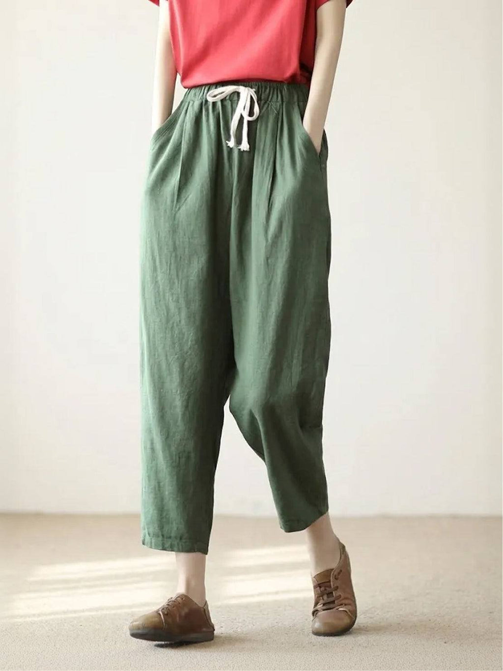 Linen Drawstring Pants Women's Straight Leg Casual - Army Green