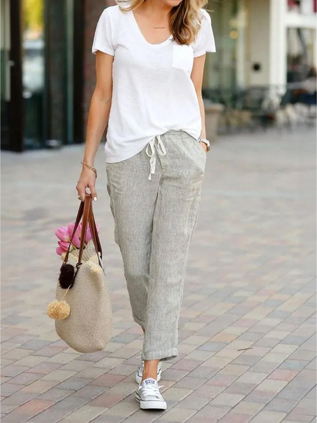 Linen Drawstring Pants Women's Straight Leg Casual
