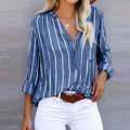 Linen Look Striped Blouse V-Neck Long Sleeve Casual - Navy Stripe Linen