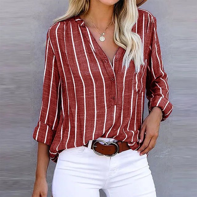 Linen Look Striped Blouse V-Neck Long Sleeve Casual - Rust Stripe Linen