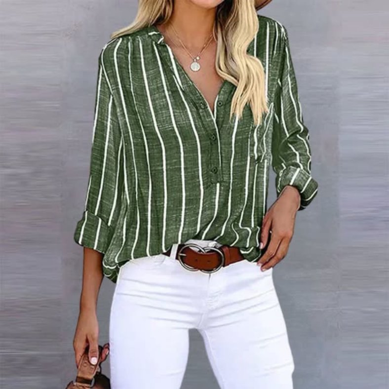 Linen Look Striped Blouse V-Neck Long Sleeve Casual - Olive Stripe Linen