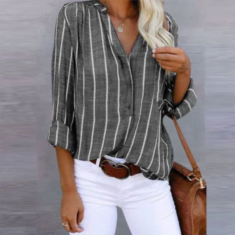 Linen Look Striped Blouse V-Neck Long Sleeve Casual - Charcoal Stripe Linen