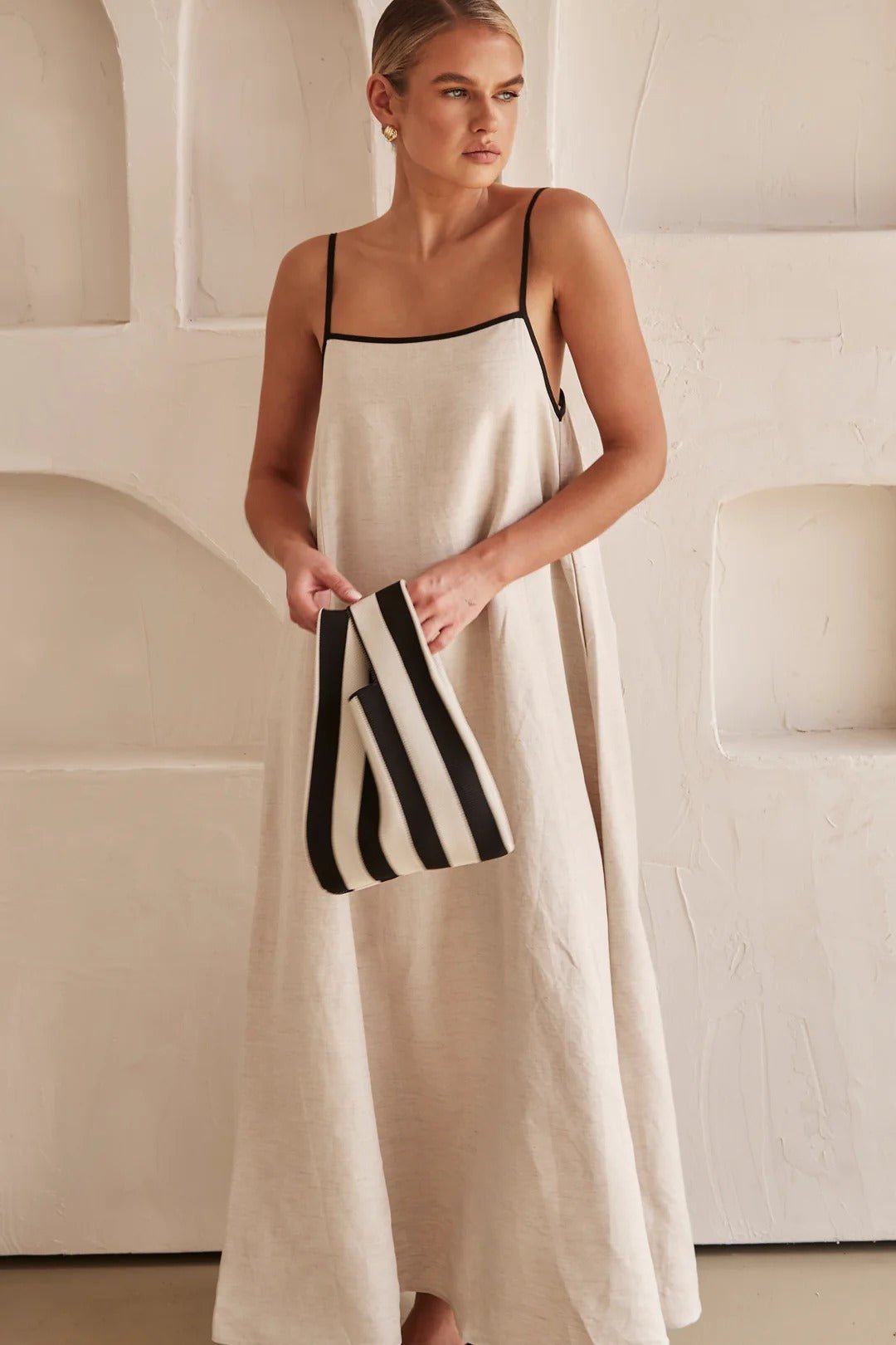 Linen Maxi Dress Adjustable Straps Contrast Trim Relaxed Fit