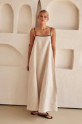 Linen Maxi Dress Adjustable Straps Contrast Trim Relaxed Fit - Cream