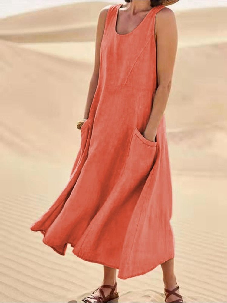 Linen Maxi Dress Sleeveless Scoop Neck Side Pockets - Orange
