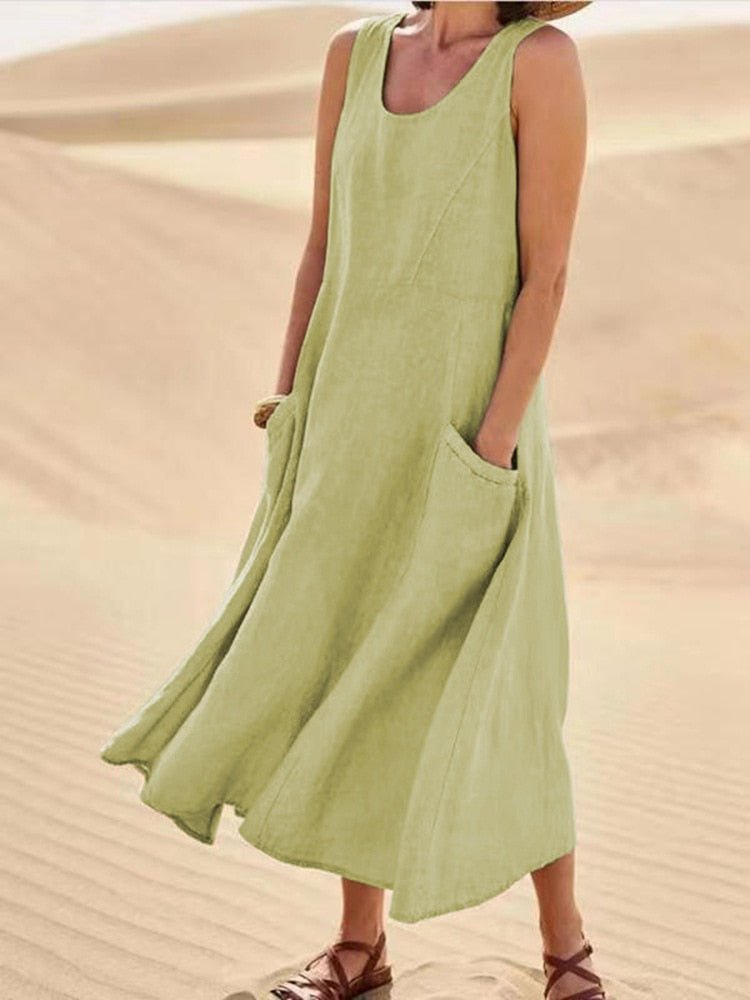 Linen Maxi Dress Sleeveless Scoop Neck Side Pockets - Light Green