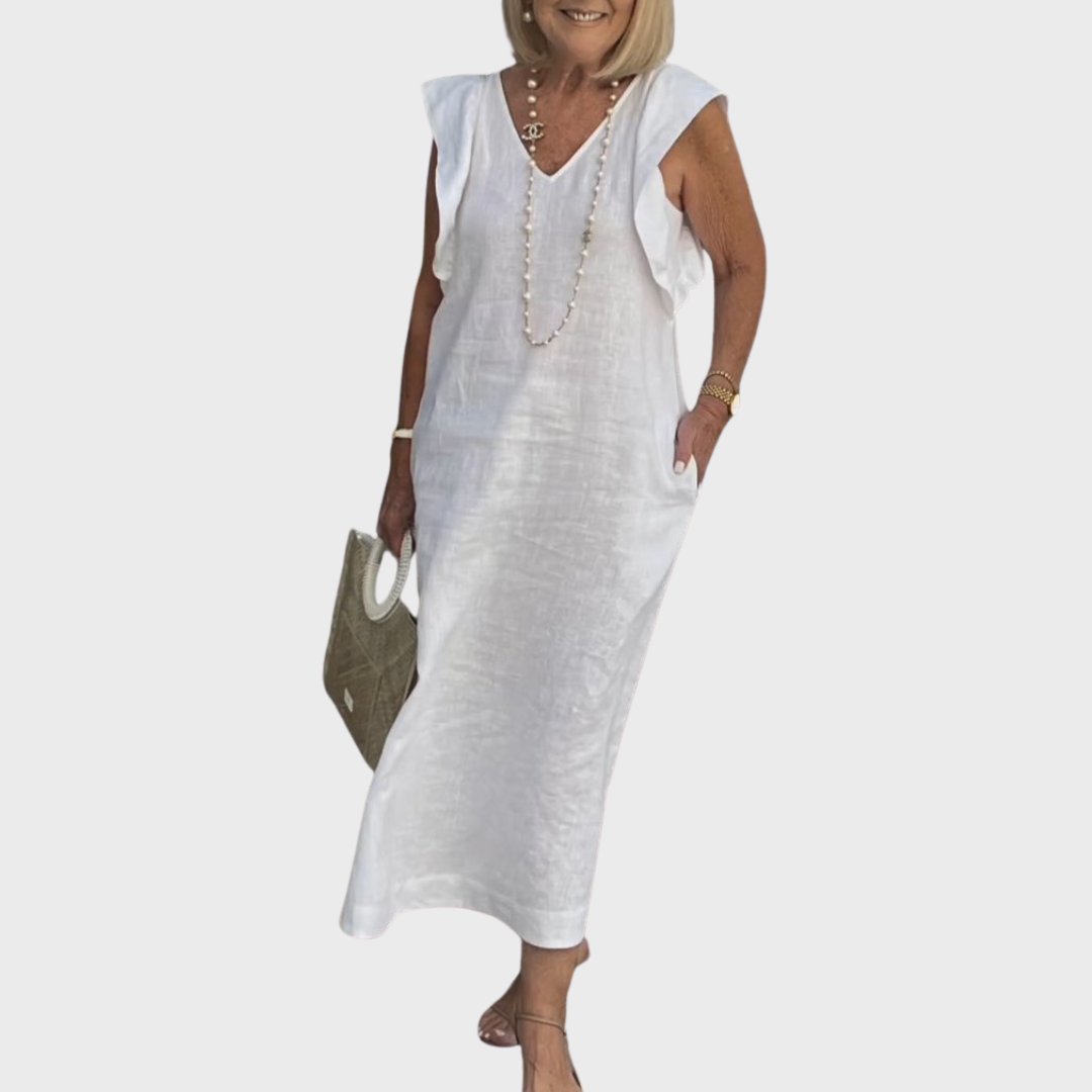 Linen Maxi Dress V-Neck Sleeveless Ruffle Cap Sleeves - White