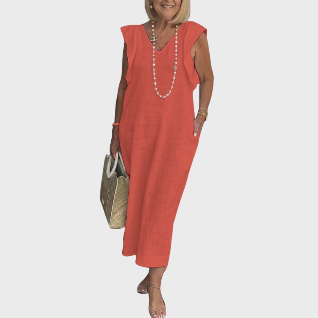 Linen Maxi Dress V-Neck Sleeveless Ruffle Cap Sleeves - Red
