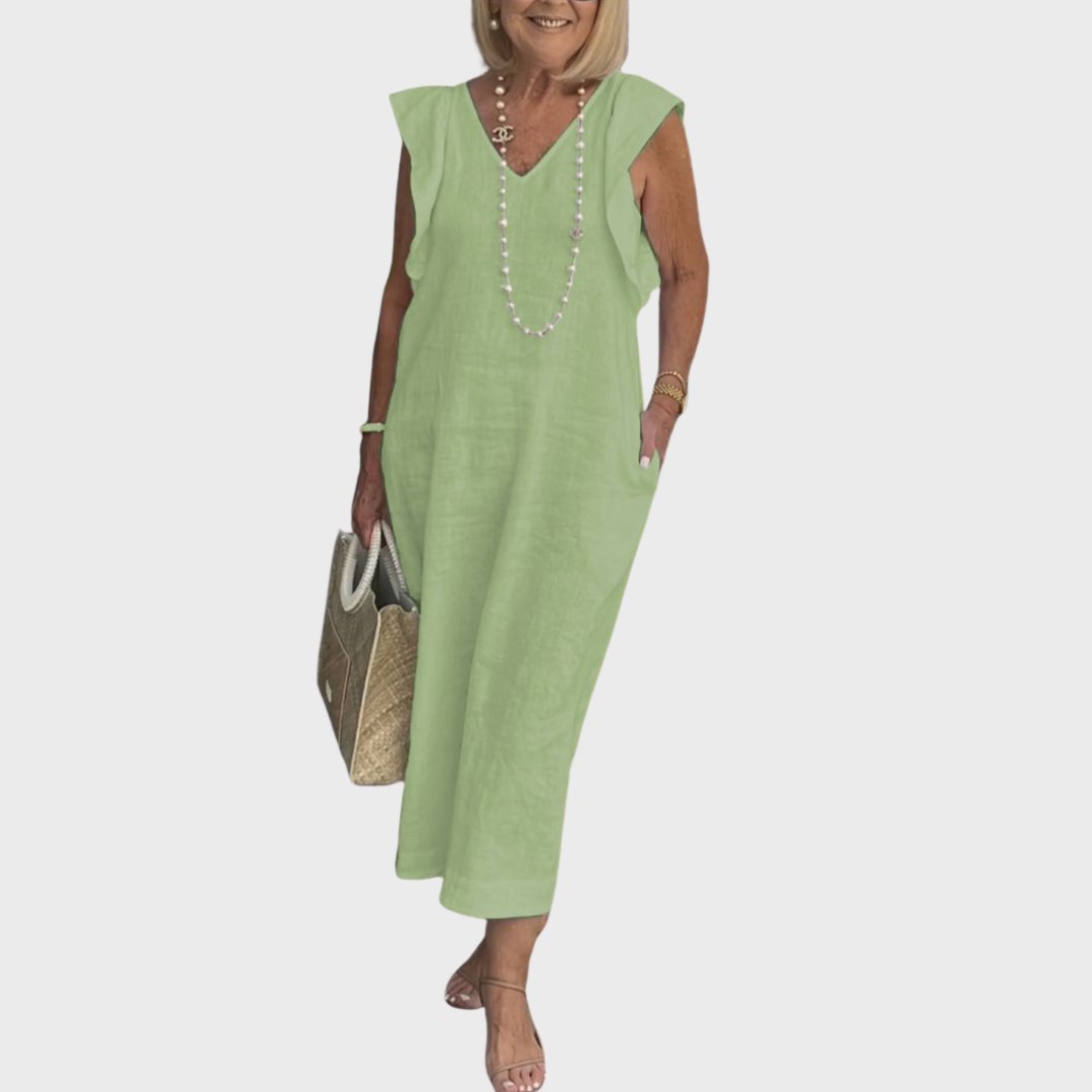 Linen Maxi Dress V-Neck Sleeveless Ruffle Cap Sleeves - Green