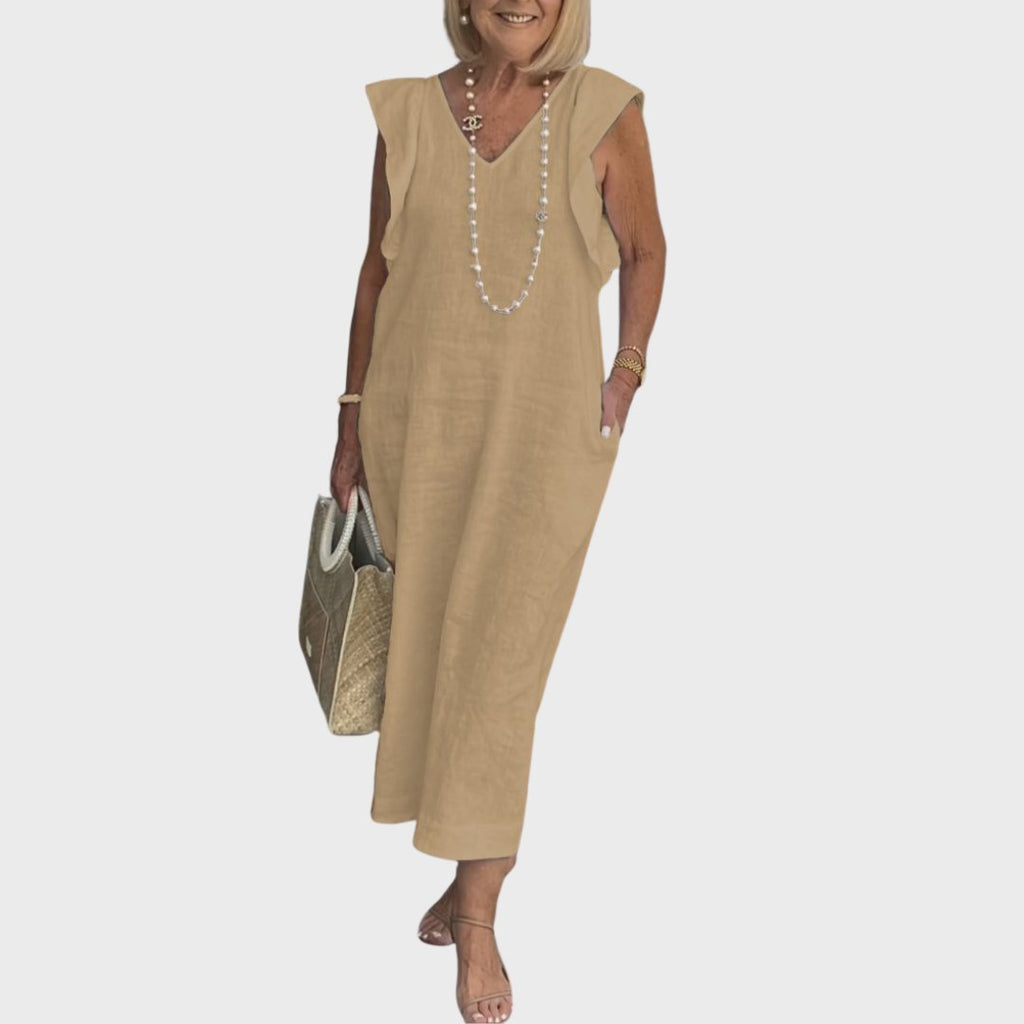 Linen Maxi Dress V-Neck Sleeveless Ruffle Cap Sleeves - Khaki