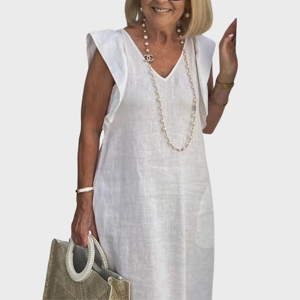 Linen Maxi Dress V-Neck Sleeveless Ruffle Cap Sleeves