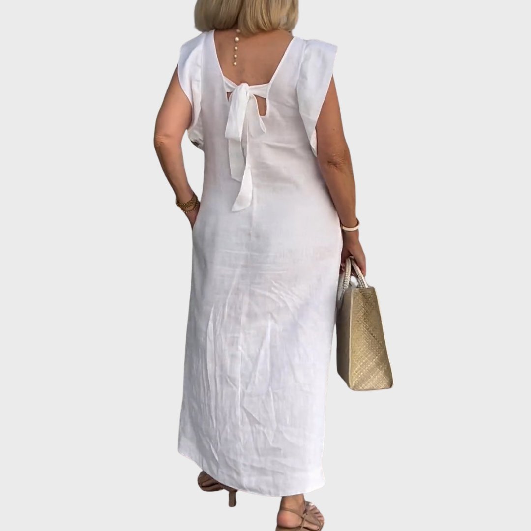 Linen Maxi Dress V-Neck Sleeveless Ruffle Cap Sleeves