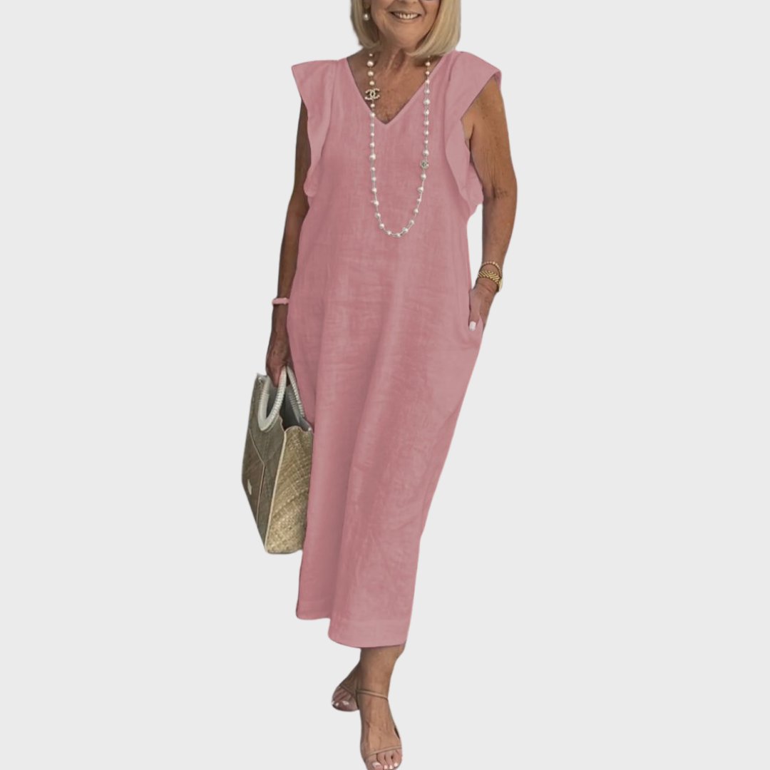Linen Maxi Dress V-Neck Sleeveless Ruffle Cap Sleeves - Pink