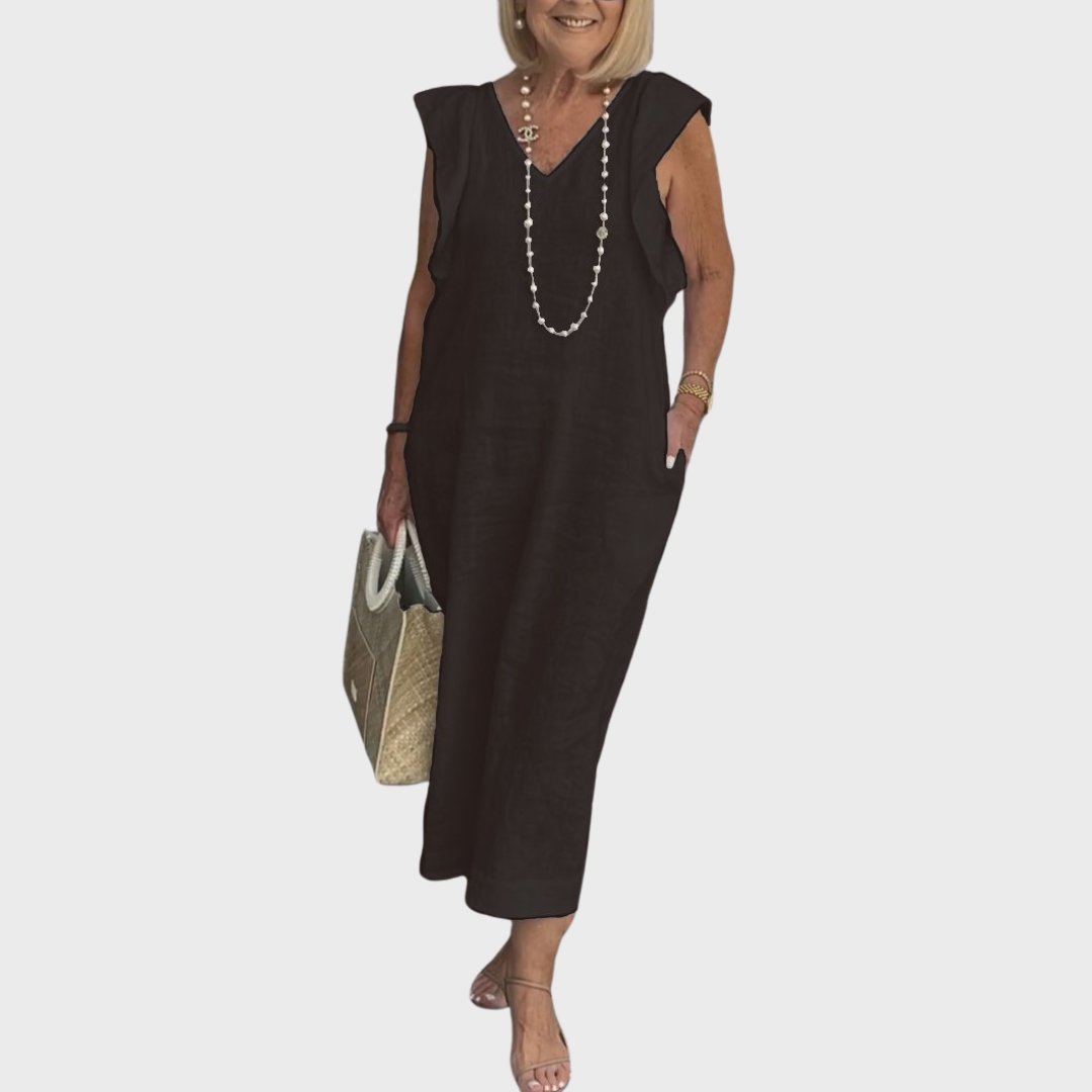 Linen Maxi Dress V-Neck Sleeveless Ruffle Cap Sleeves - Black