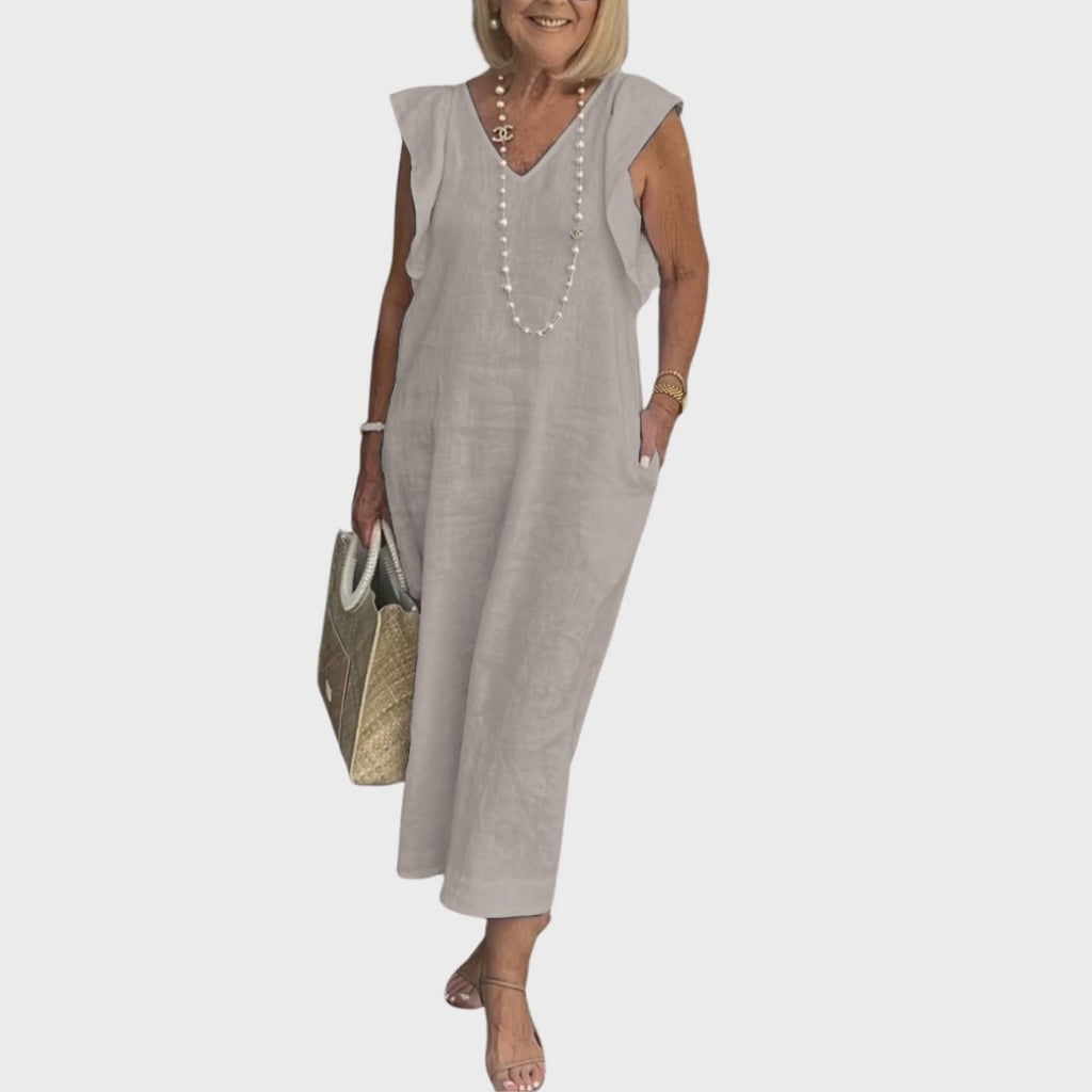 Linen Maxi Dress V-Neck Sleeveless Ruffle Cap Sleeves - Grey