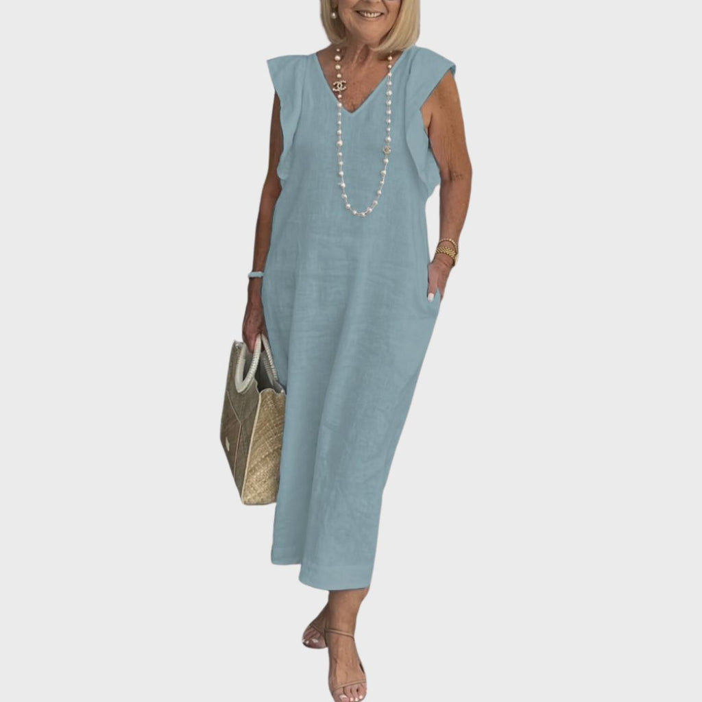 Linen Maxi Dress V-Neck Sleeveless Ruffle Cap Sleeves - Blue