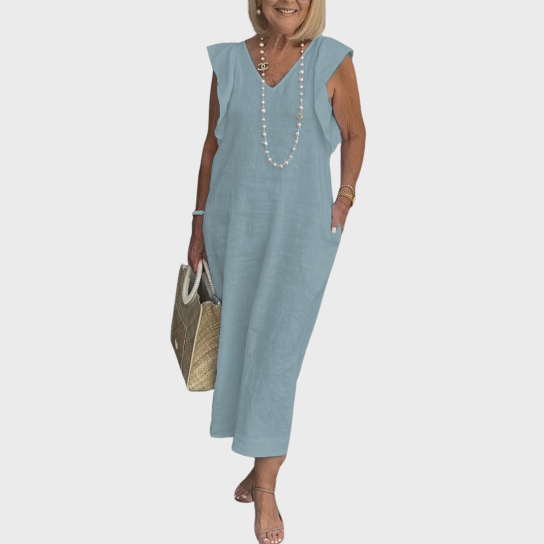 Linen Maxi Dress V-Neck Sleeveless Ruffle Cap Sleeves - Blue