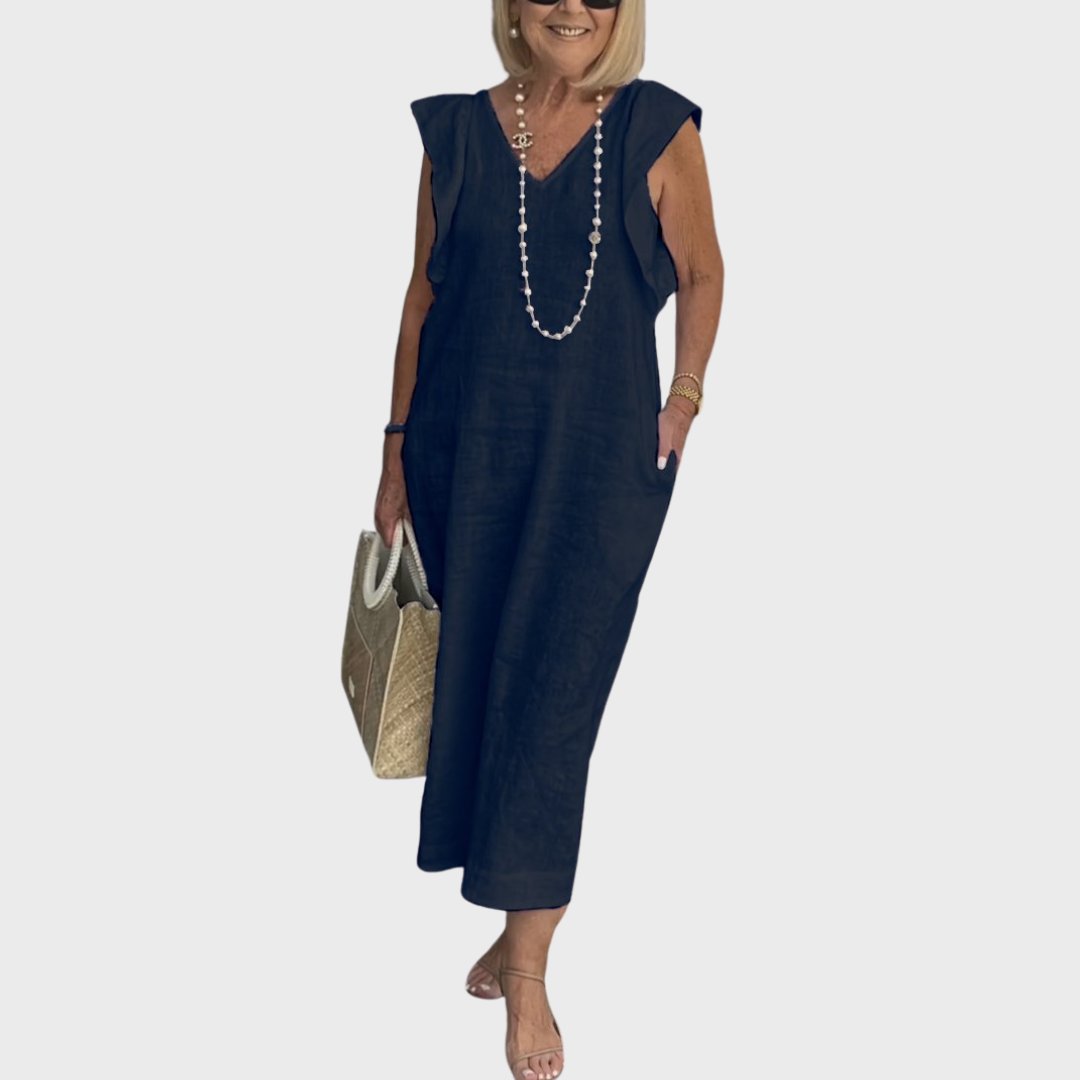 Linen Maxi Dress V-Neck Sleeveless Ruffle Cap Sleeves - Dark Blue