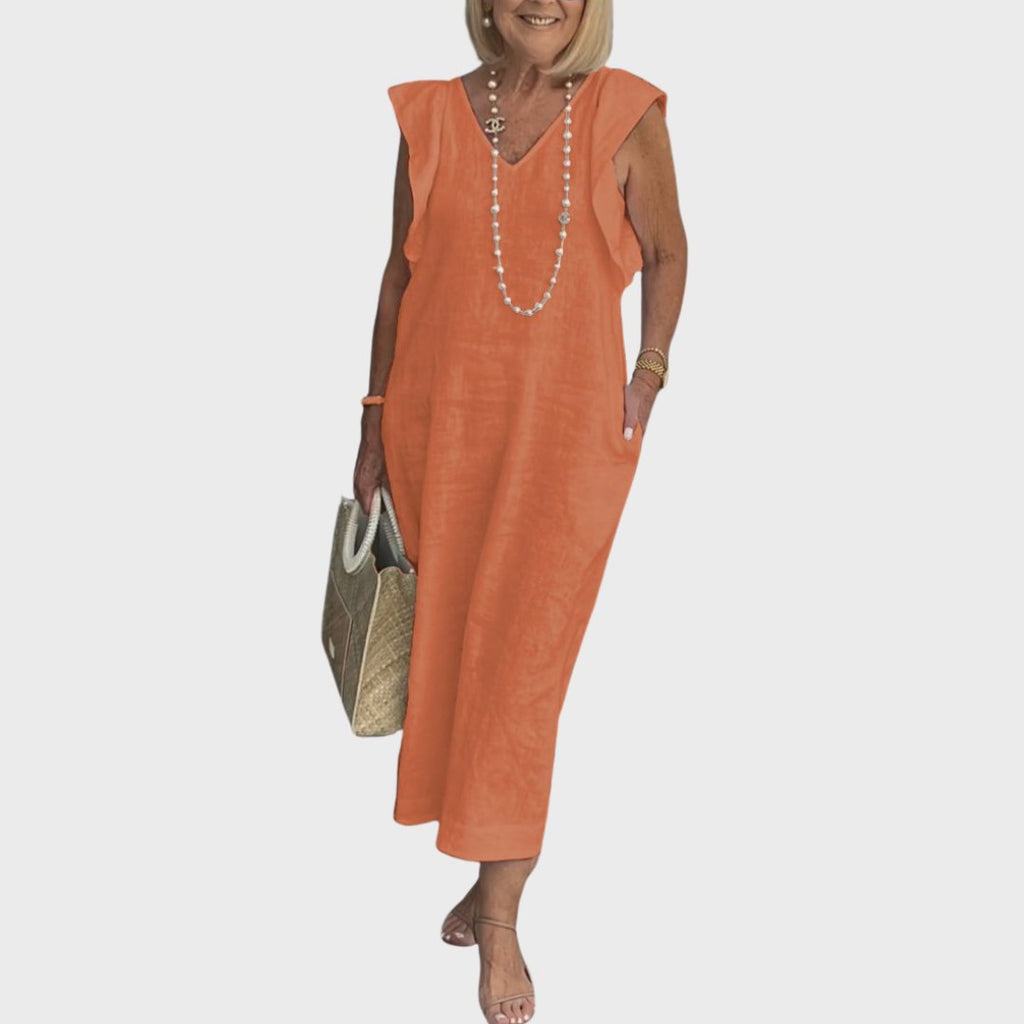 Linen Maxi Dress V-Neck Sleeveless Ruffle Cap Sleeves - Orange