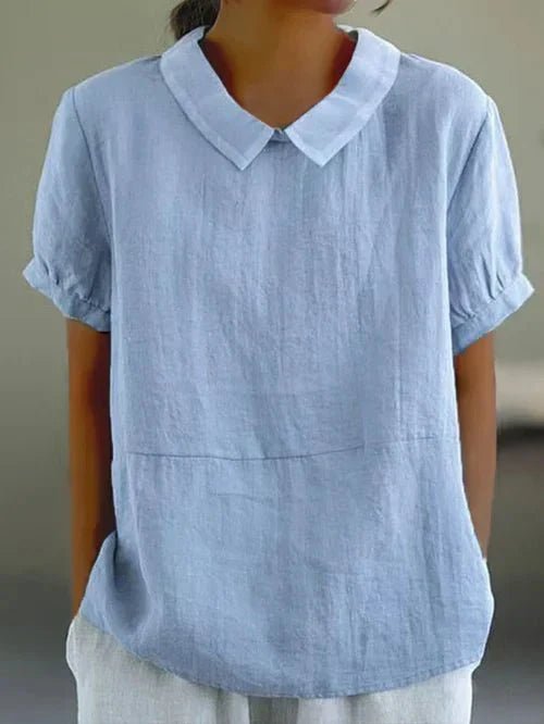Linen Peter Pan Collar Short Sleeve Top Relaxed Fit - Blue