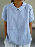Linen Peter Pan Collar Short Sleeve Top Relaxed Fit - Blue