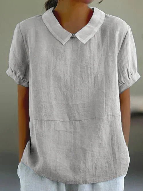 Linen Peter Pan Collar Short Sleeve Top Relaxed Fit - Gray