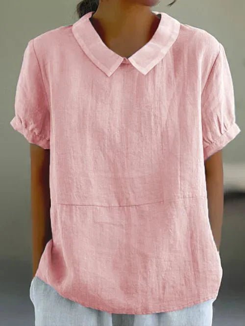 Linen Peter Pan Collar Short Sleeve Top Relaxed Fit - Pink