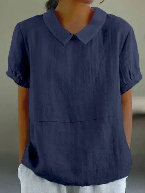 Linen Peter Pan Collar Short Sleeve Top Relaxed Fit - Marine Blue