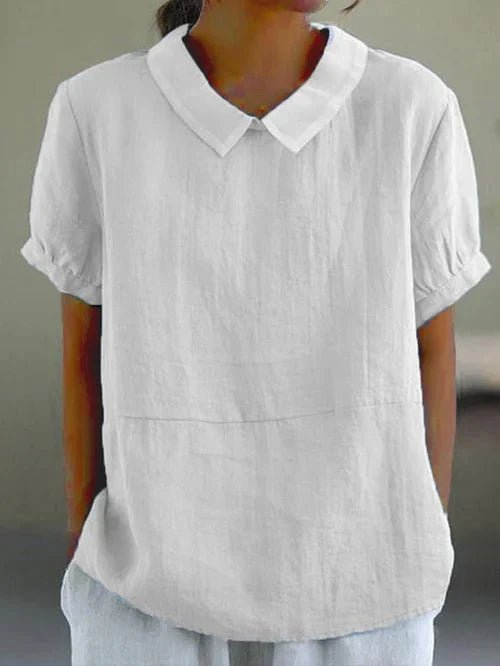 Linen Peter Pan Collar Short Sleeve Top Relaxed Fit - White