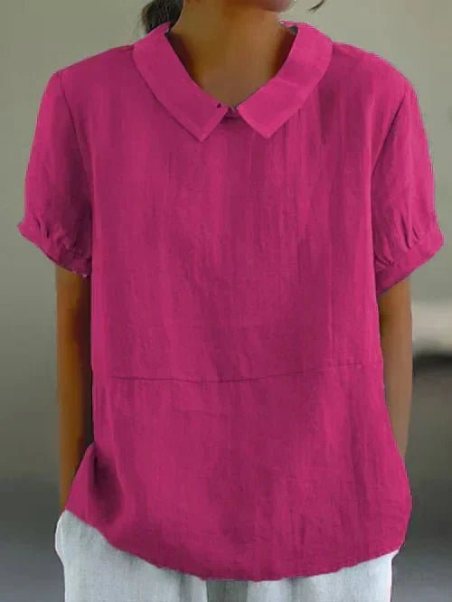 Linen Peter Pan Collar Short Sleeve Top Relaxed Fit - Dark Pink