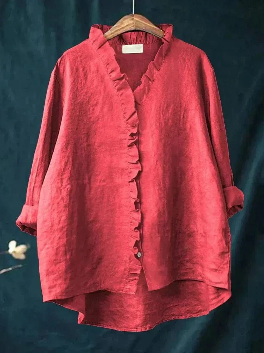 Linen Ruffle Blouse Long Sleeve V-Neck Relaxed Fit - Red