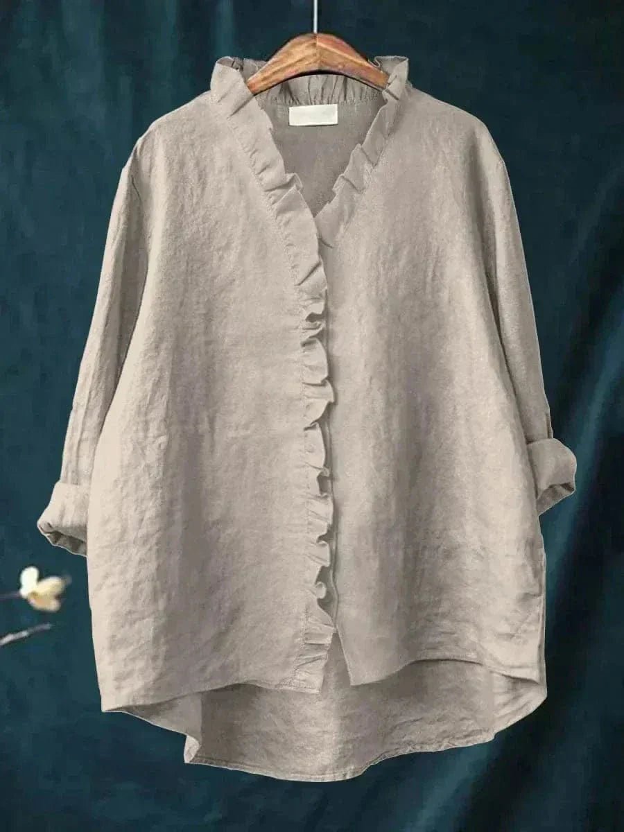 Linen Ruffle Blouse Long Sleeve V-Neck Relaxed Fit - Gray