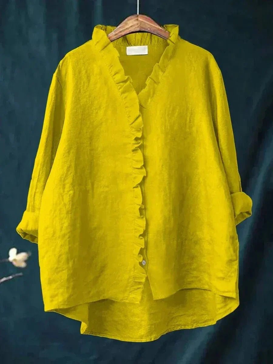 Linen Ruffle Blouse Long Sleeve V-Neck Relaxed Fit - Yellow