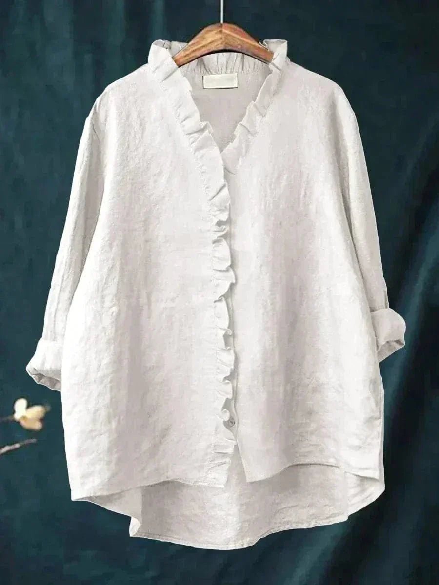 Linen Ruffle Blouse Long Sleeve V-Neck Relaxed Fit - White