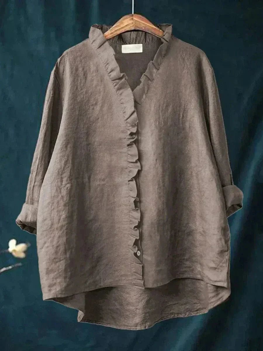 Linen Ruffle Blouse Long Sleeve V-Neck Relaxed Fit - Dark Gray