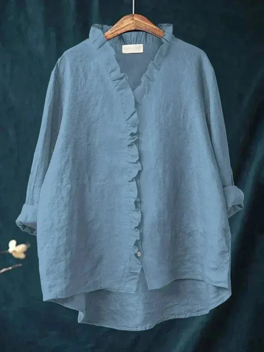 Linen Ruffle Blouse Long Sleeve V-Neck Relaxed Fit - Blue