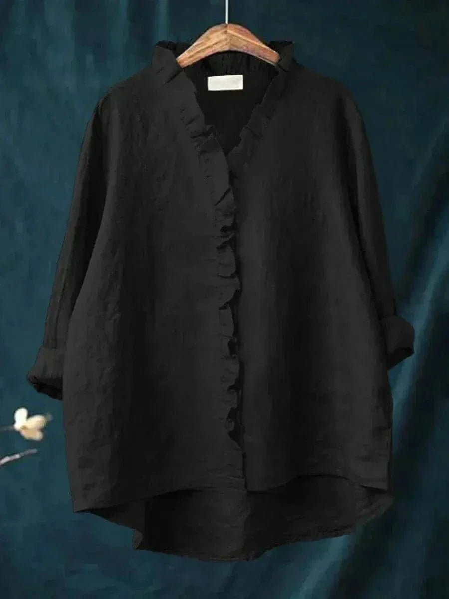 Linen Ruffle Blouse Long Sleeve V-Neck Relaxed Fit - Black