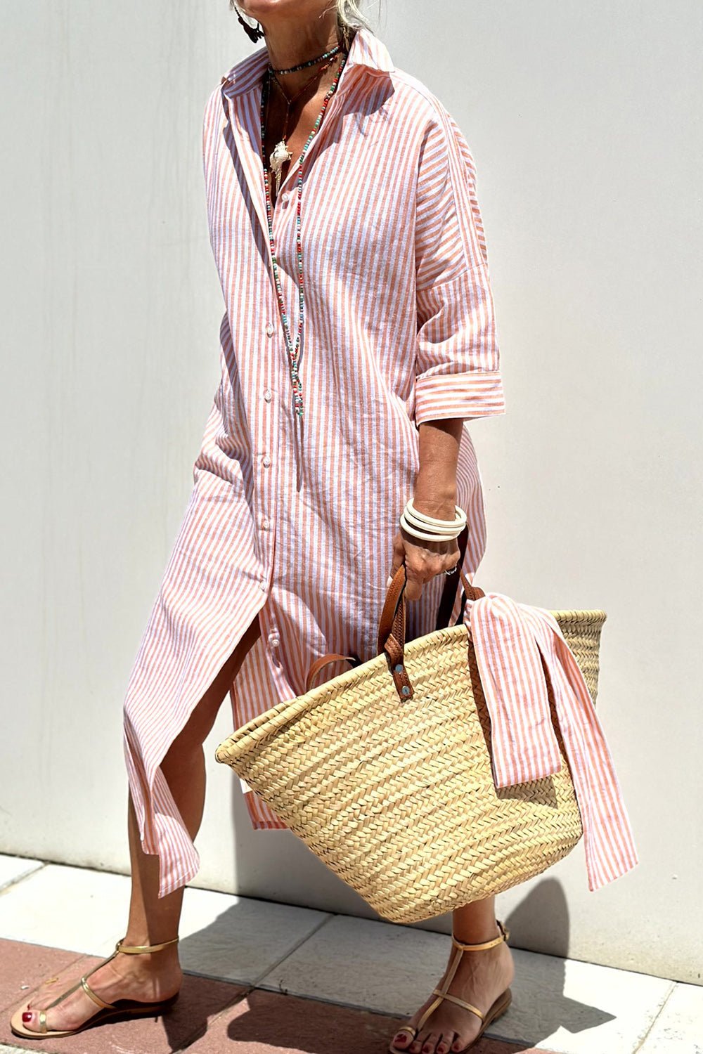 Linen Striped Midi Dress Button-Down Collared Long Sleeve