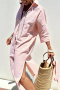 Linen Striped Midi Dress Button-Down Collared Long Sleeve - Pink