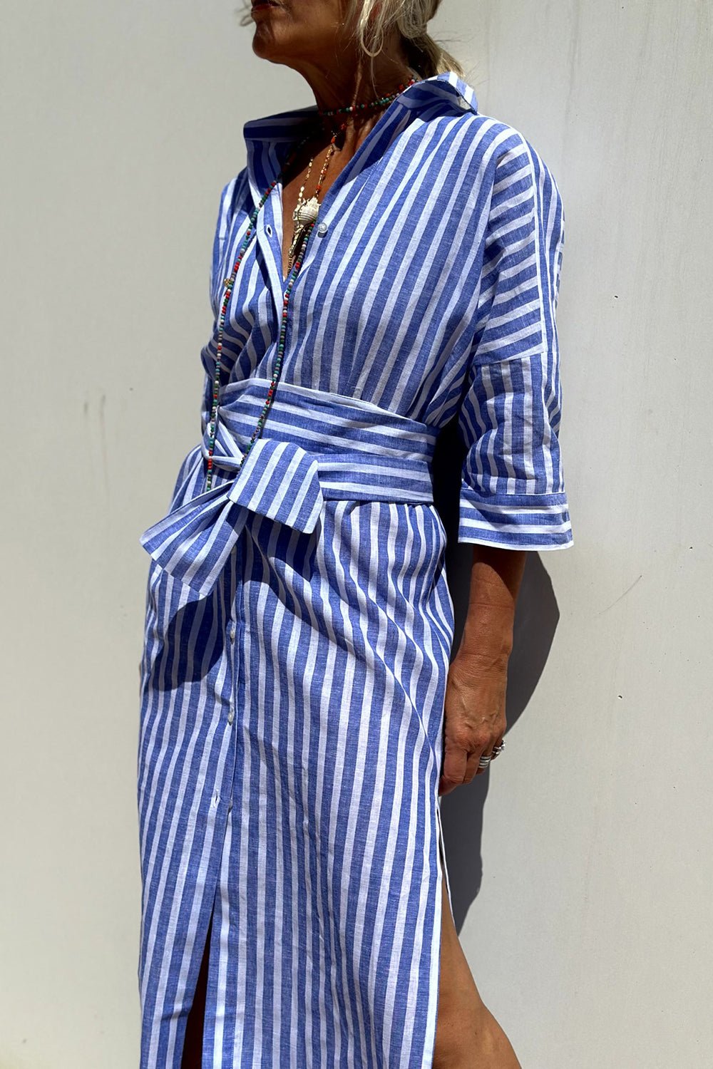 Linen Striped Midi Dress Button-Down Collared Long Sleeve