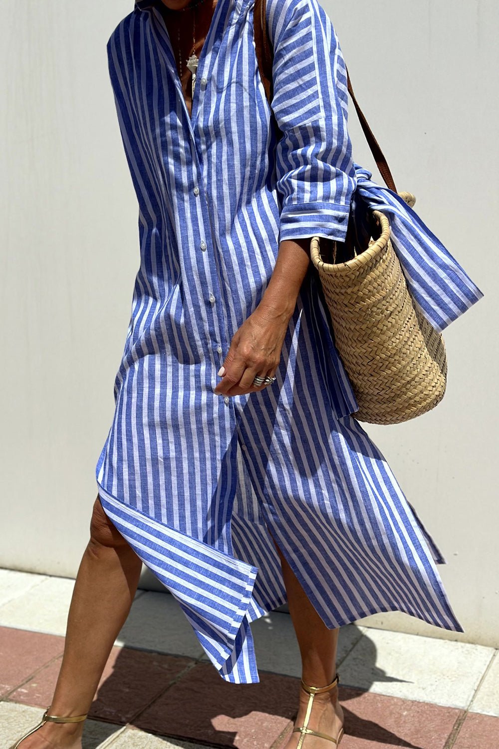 Linen Striped Midi Dress Button-Down Collared Long Sleeve - Blue